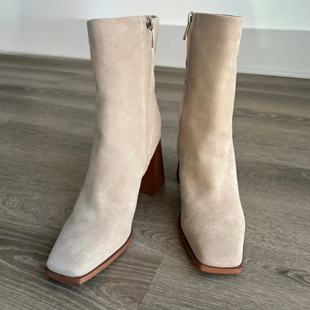Sam Edelman Ivette Suede Ankle Booties Sesame Square Toe‎ Block Heel Size 9